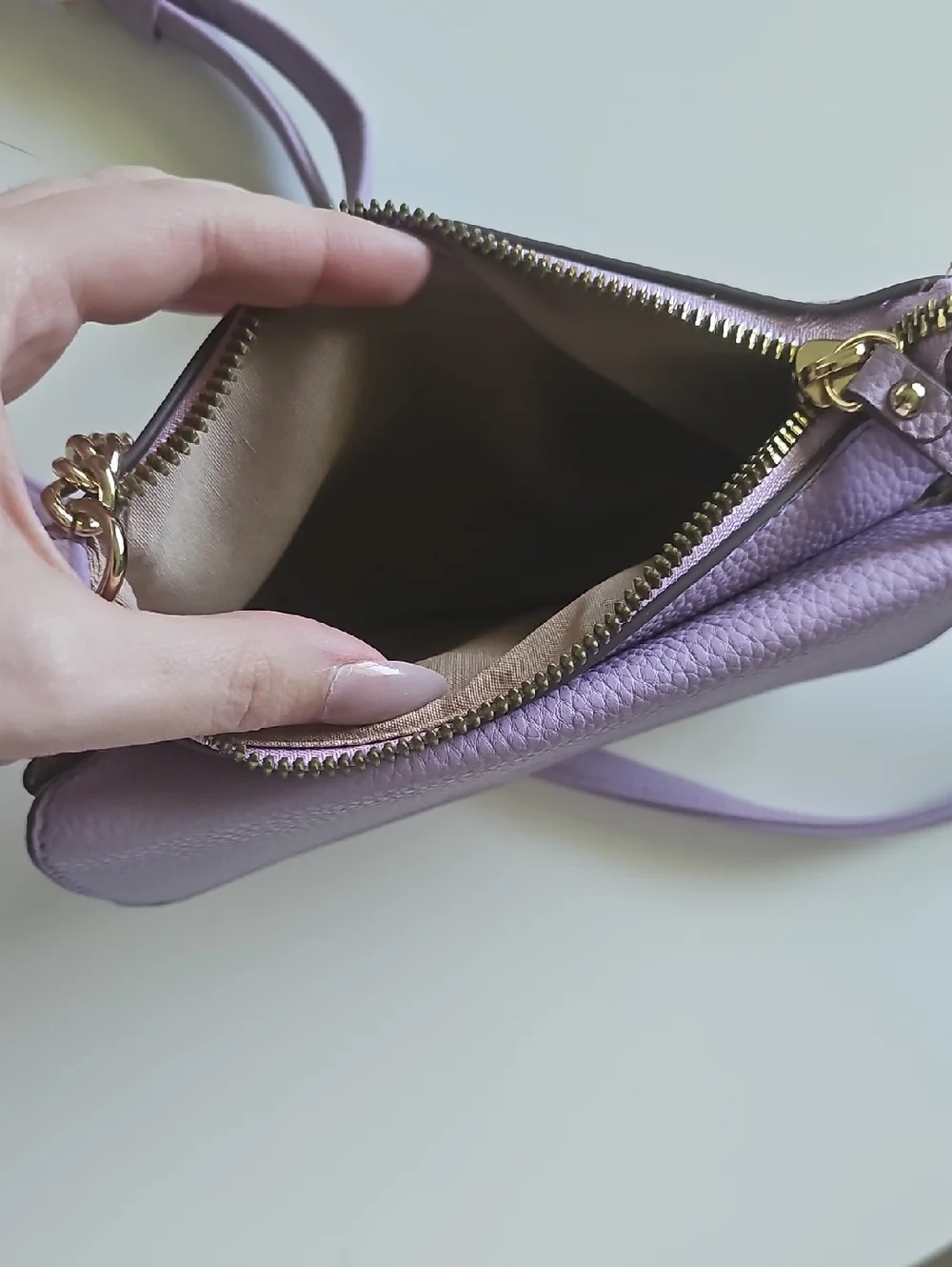 Nanette Lapore lilac leather crossbody wallet with gold hardware